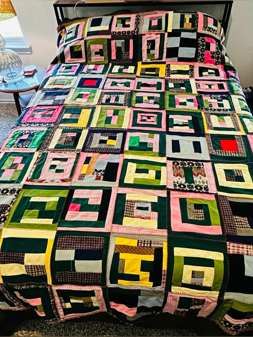 Vintage Log Cabin Quilt 75 x 90 Hand Quilted Cottagecore Prairie Rustic